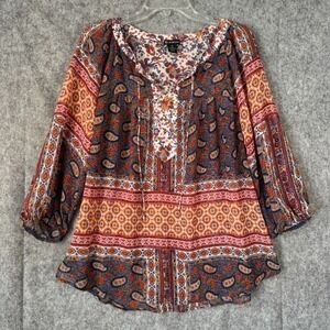 Womens Top 1X Boho Floral Hippie Peasant Retro Lace Up Sheer Bloomcore Fairy